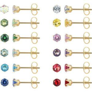 12 Pairs 18K Gold Plated Surgical Stainless Steel Stud Earring, Cubic Zirconia